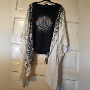 Harley Davidson Black Graphic Tee with White Patterned Kimono Sleeves